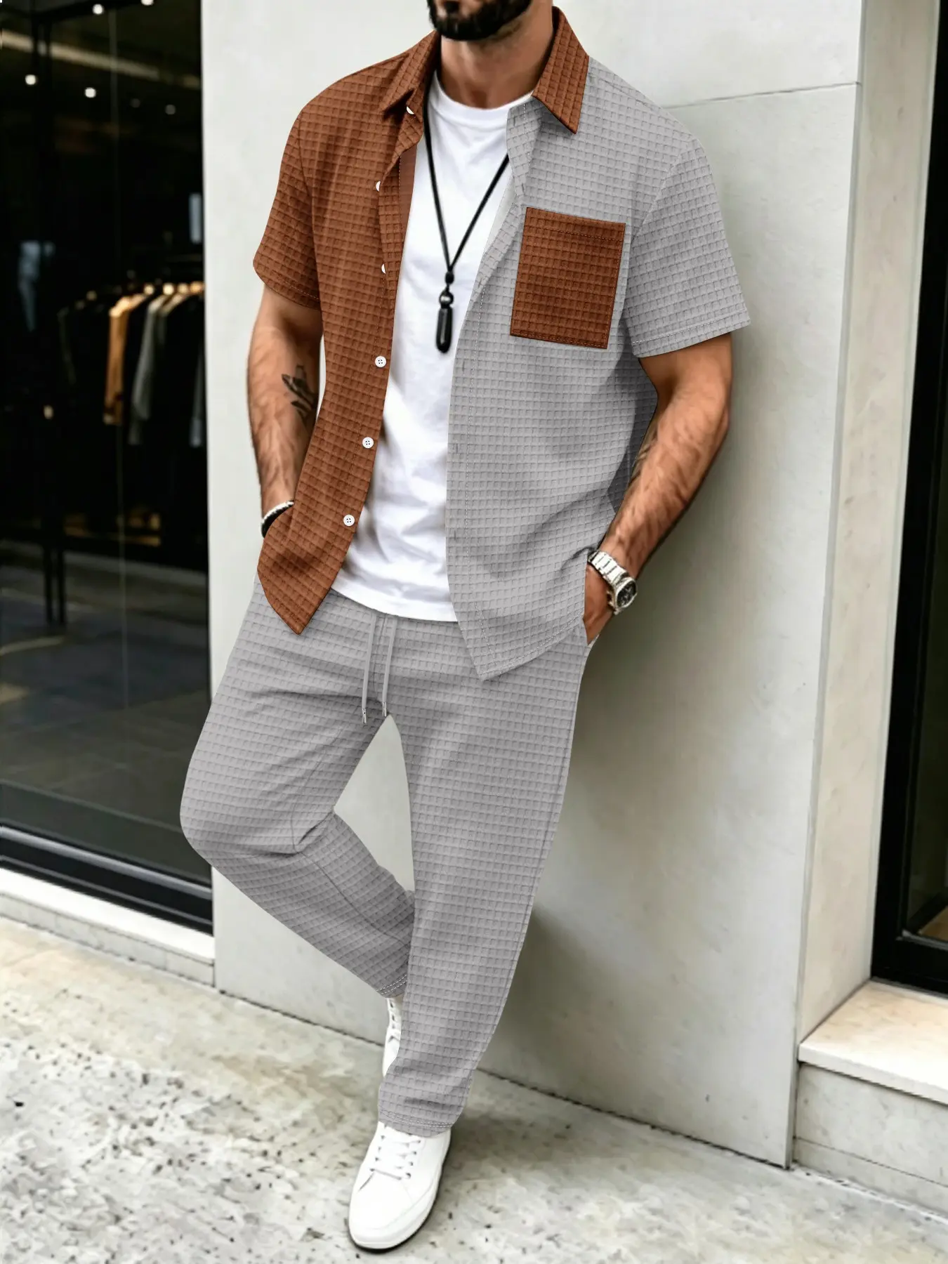 Mens Fashion Clothes - Męski zestaw: koszula w jednolitym kolorze